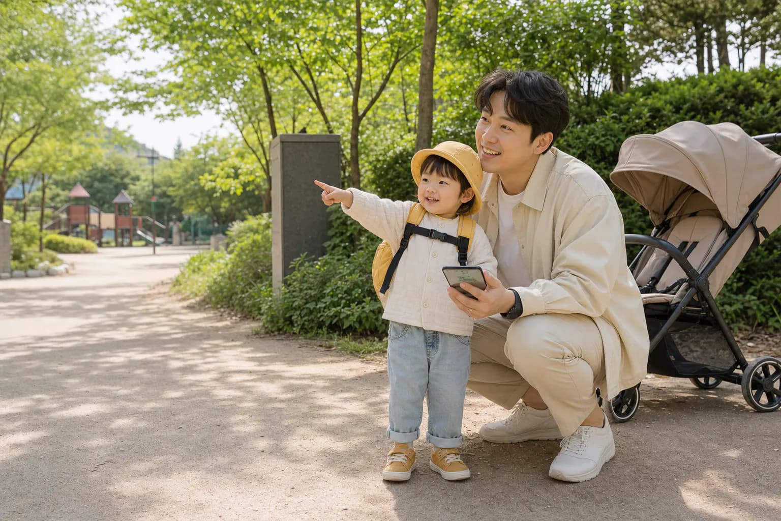 공원 입구에서 아이가 놀이터를 가리키고 부모가 함께 바라보는 모습